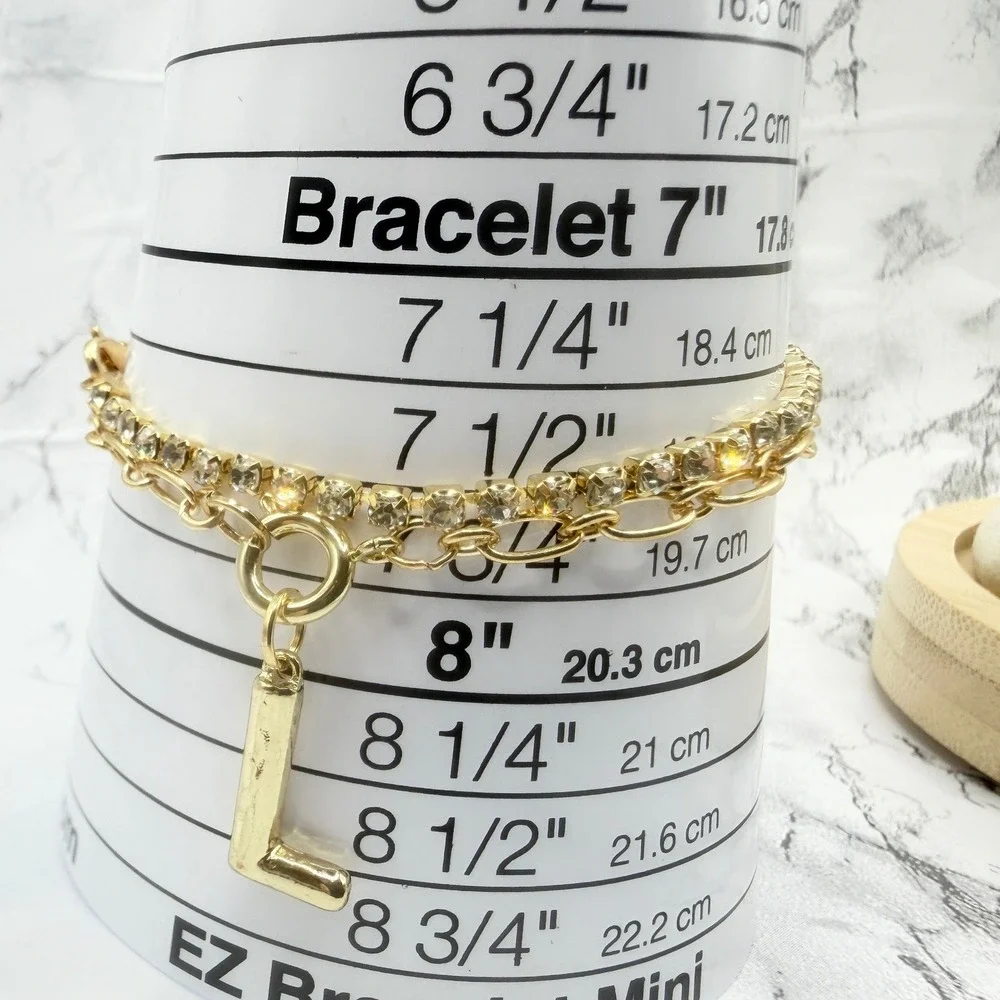 Gold Tone Rhinestone and Initial L Charm Bracelet Stack Set of 2